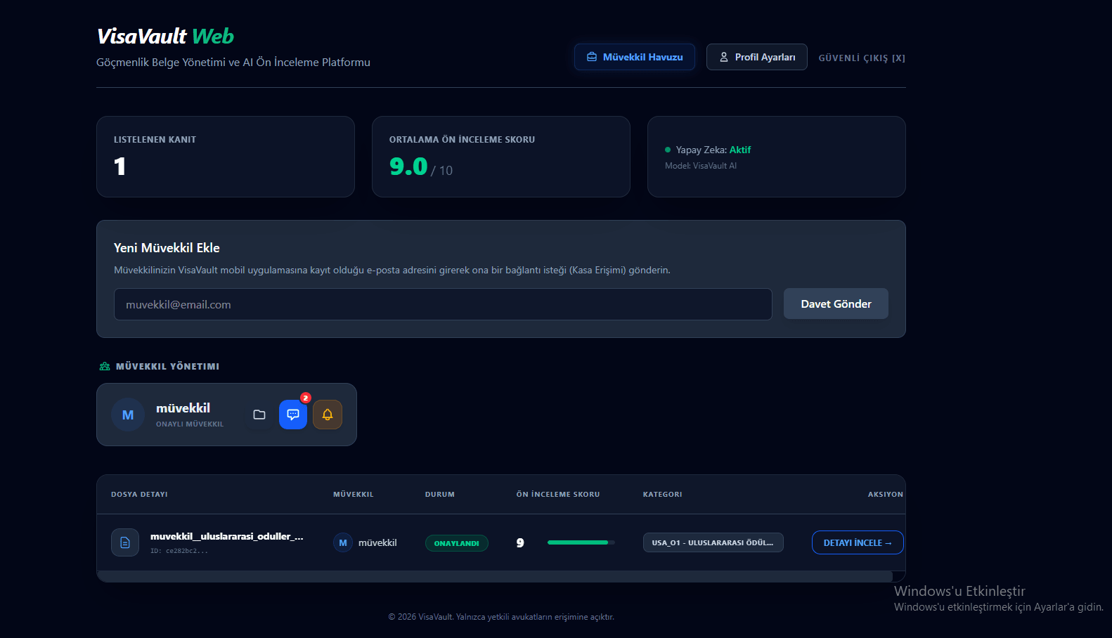 VisaVault AI — Avukat dosya yönetim paneli, belge durumu ve AI ön inceleme notları